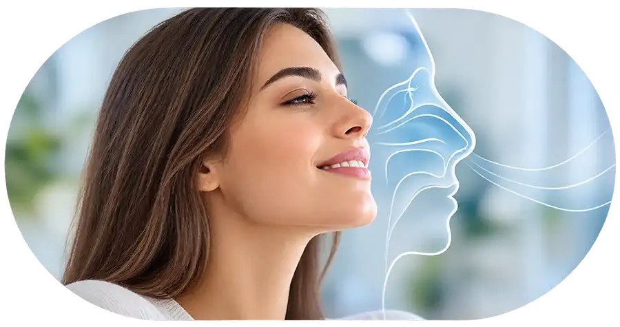 Woman showing a natural nasal profile with an anatomical illustration of nasal breathing, representing functional and aesthetic rhinoplasty.