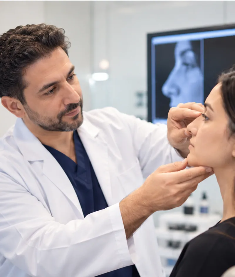 ENT specialist assessing a patient's nasal profile during a rhinoplasty consultation