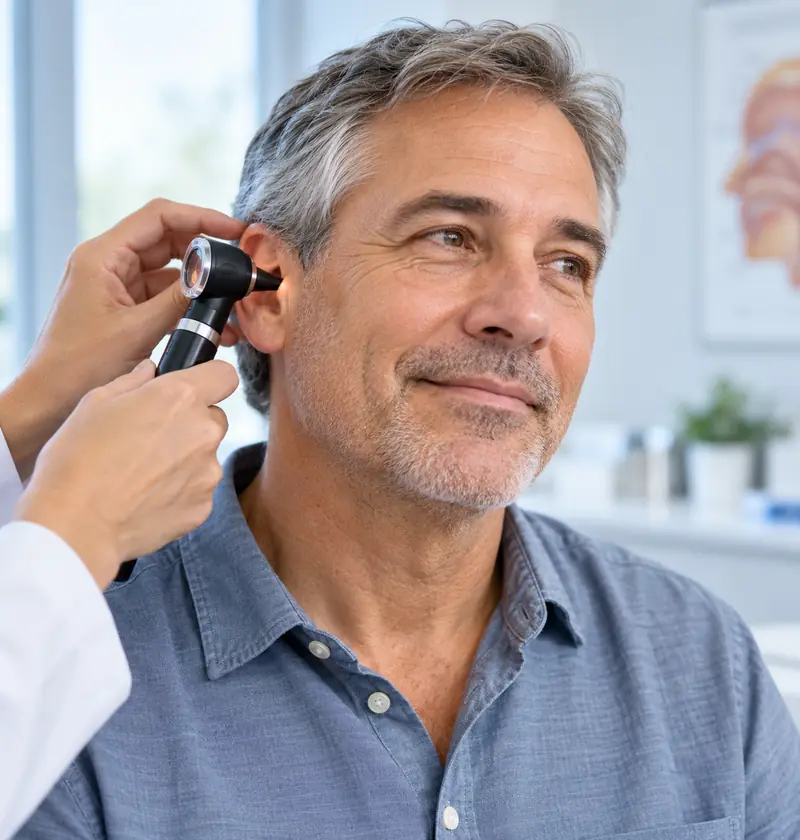 Patient receiving an ear examination with an otoscope during an ENT consultation