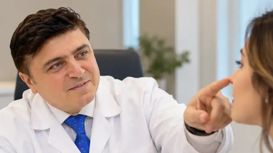 ENT surgeon discussing nasal shape and functional rhinoplasty with a female patient during a consultation.