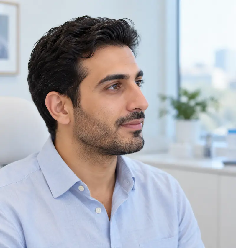 Man in profile during a rhinoplasty consultation about nasal breathing and appearance