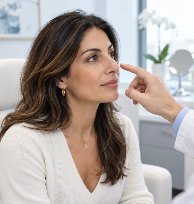 Woman discussing her nose during a revision rhinoplasty consultation